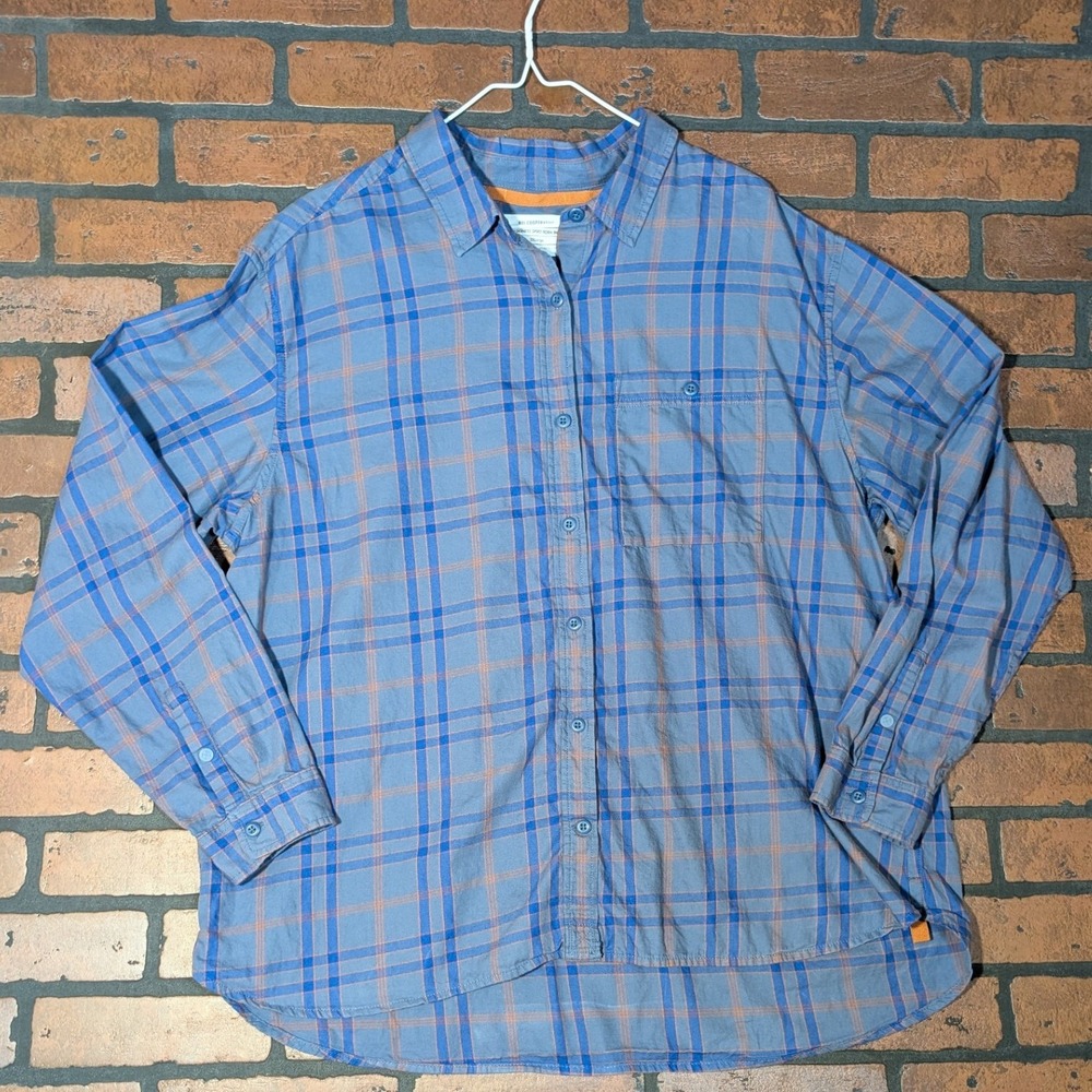 REI Men's 2XL Blue Orange Plaid‎ Button Up Cotton Shirt Outdoor Ice Axe Snap